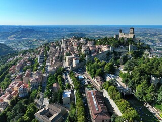 Aerial view of San Marino  also known as the Most Serene Republic of San Marino an enclaved microstate surrounded by Italy, situated on the Italian Peninsula on the northeastern side of the Apennines
