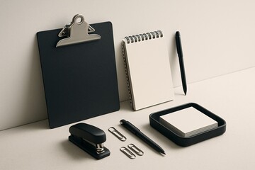 Minimalist Office Essentials Clipboard, Notepad, and Stapler on Clean White Background
