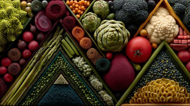 Composition with produce of similar shapes arranged into abstract geometric layout