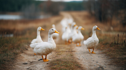 Obraz premium Group of domestic white ducks walking on a dirt path in a rural setting during the day, some ducks in focus and others blurred white, flock, group, animals, birds, waterfowl, poultry, farm, rural, pat