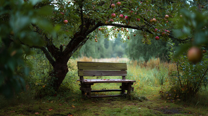 Rustic wooden bench sits beneath an apple tree in an overgrown garden during an overcast autumn day in the countryside wooden, rustic, apple, tree, apples, fruit, garden, overgrown, autumn, fall, coun