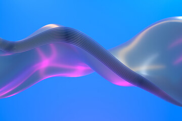 Abstract wavy metallic surface with neon lights. 3d render