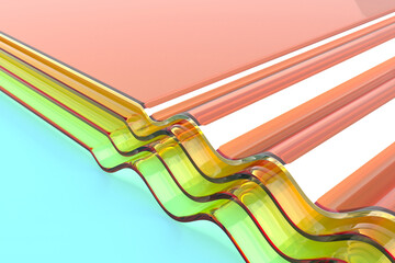 Abstract colorful geometric layers with vibrant glassy waves in blue and orange. 3d render.