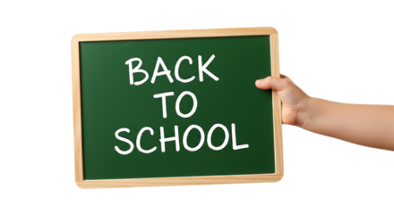 Chalkboard Sign with 'Back to School' Message Held in Hand – Isolated on Transparent Background

