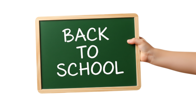 Chalkboard Sign with 'Back to School' Message Held in Hand – Isolated on Transparent Background


