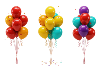 Three helium balloon bunches (red, orange, yellow, turquoise, purple) with ribbons and confetti, isolated on white studio, birthday celebration atmosphere