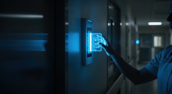 Nurse uses futuristic biometric scanner in hospital hallway