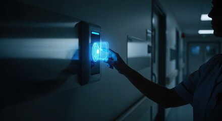 Medical professional uses futuristic biometric scanner in a hallway