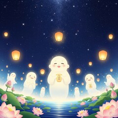 Obraz premium A beautiful scene for an Asian ghost festival like Obon, with ancestor spirits and floating lanterns bringing peace and light 