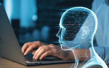 A digital rendered futuristic concept of artificial intelligence overlaid on a person typing on a laptop.