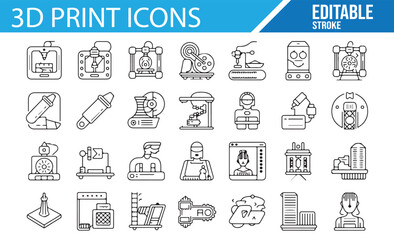 3D Printing Icons, Editable Stroke for CAD, Fabrication, and Printing Technology Projects

