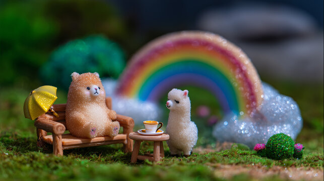 Two alpacas having tea on a mossy lawn with a rainbow in the background, one alpaca sits on a small wooden bench with an umbrella and a teacup sits on a small wooden table alpacas, figurine, figurines