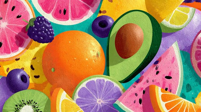 Flat design illustration of colorful diet foods scattered on white space in a cheerful health concept