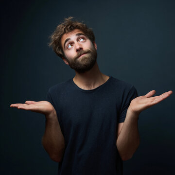 Young Man Spreads his Arms and Looks Up in Confusion in Studio on Dark Background while Wearing a Shirt and Having Light Brown Hair and Beard , young, studio, confusion, confused, question, questionin