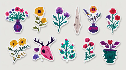 Naklejka premium Assortment of bohemian-inspired stickers featuring floral arrangements, animal skulls, and vases, all rendered in bright, vibrant colors and isolated on a light background stickers, sticker, bohemian,