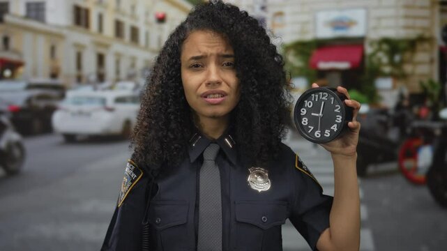 Policewoman holding clock with perplexed expression on urban street showcasing time management challenges faced by law enforcement in bustling city environment
