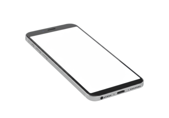 Modern, sleek, ultra-thin neutral smartphone with blank white screen, premium materials, isolated on seamless transparent studio background, shadowless light. Concept for technology advertising.