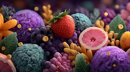 Bright vector banner showing cartoon proteins and produce for smart diet education graphics