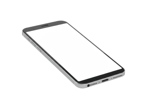 Modern, sleek, ultra-thin neutral smartphone with blank white screen, premium materials, isolated on seamless transparent studio background, shadowless light. Concept for technology advertising.