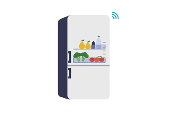 A stylized refrigerator illustration with 'Backup Smart' text. Fresh produce is displayed inside, showcasing a modern, tech-integrated kitchen. Clean, graphic design.