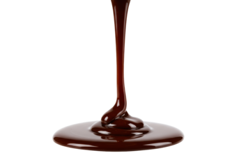 Glossy, rich, deep brown melted dark chocolate dripping in elegant, thick streams onto a transparent, non-reflective studio background with no shadows. Concept of luxurious food