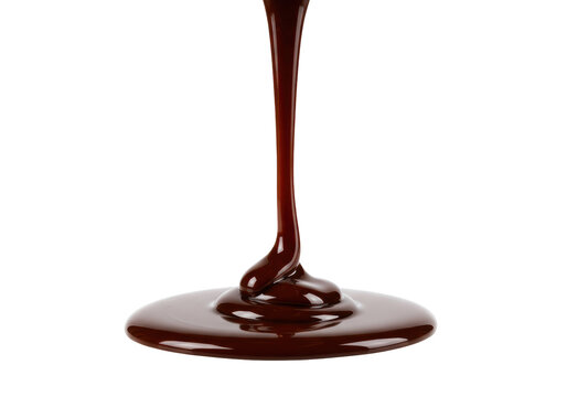Glossy, rich, deep brown melted dark chocolate dripping in elegant, thick streams onto a transparent, non-reflective studio background with no shadows. Concept of luxurious food