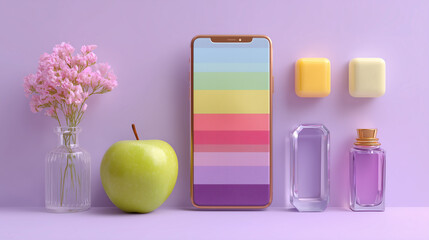 Still life arrangement shows flowers in clear vase, apple, phone with colorful striped screen, bar soaps, and perfume bottles on purple background still, life, purple, background, flowers, vase, clear