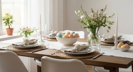 Easter table setting with eggs and flowers