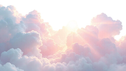 Close up view of fluffy clouds with pink and blue hues and a bright light source behind them on transparent background