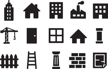 Buildings construction elements icons house factory