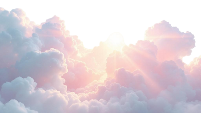 Close up view of fluffy clouds with pink and blue hues and a bright light source behind them on transparent background