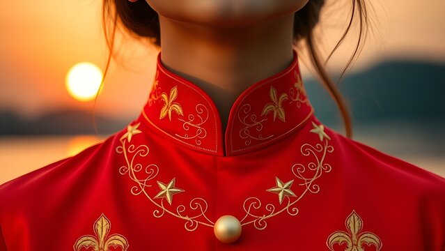 Vietnam National Day flag on silk cushion with bamboo leaves and lanterns - Powered by Adobe