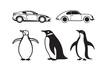 Stylized black and white illustrations of cars and penguins on a white background