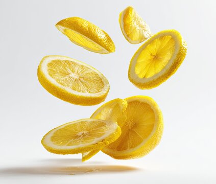 Several juicy lemon slices, glistening and suspended in mid-air against a bright, minimalist background, showcasing their vibrant yellow color and textures - Powered by Adobe