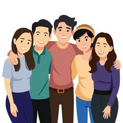 Fototapeta premium A group of five friends posing with arms around each other, showing closeness and unity.