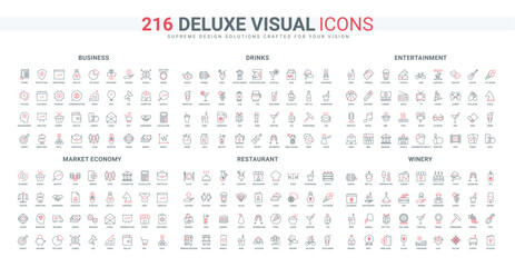 Restaurant menu, entertainment and ticket, market economy line icon set. Wine production, glass bottle of alcohol and corkscrew, decanter thin black and red outline symbols vector illustration