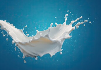 A dynamic splash of white liquid, frozen mid-air against a textured blue backdrop.  Tiny droplets surround the main form, creating a sense of motion and fluidity