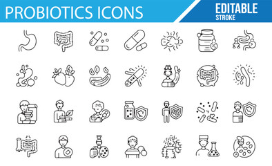 Digital Probiotics Icons Set for Health and Wellness Projects, Editable Stroke