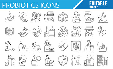 Probiotics and Wellness Line Icons, Editable Stroke for Health, Diet, and Gut Projects