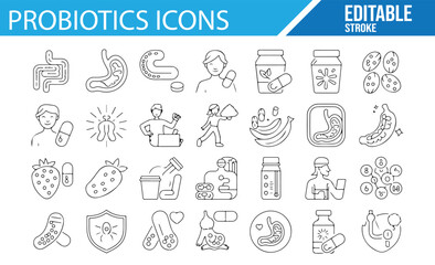 Probiotic Health and Nutrition Icons, Editable Stroke, Featuring Bacteria and Supplements