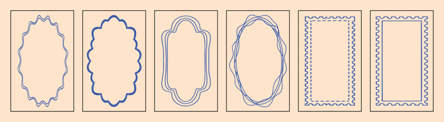 Set of vintage vector decorative frames. Hand drawn blue line art borders in various shapes with ornamental and distressed details. Graphic elements for photo, certificate, invitation design.