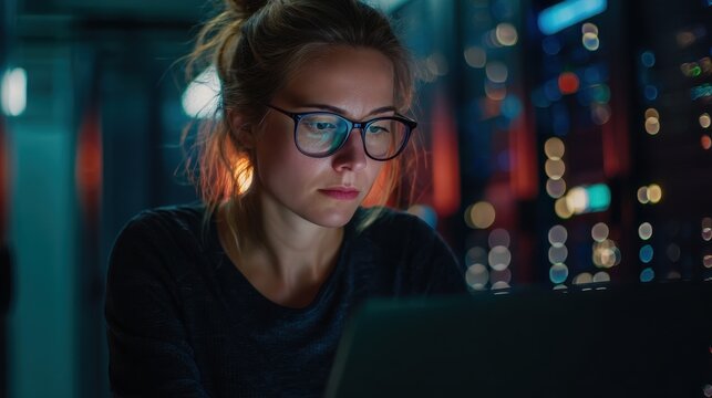 Focused female system administrator in neon-lit server room - Powered by Adobe