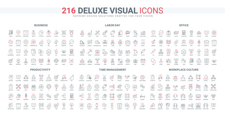 Business project productivity, success challenge and achievement with time management line icon set. Office communication, negotiation culture thin black and red outline symbols vector illustration