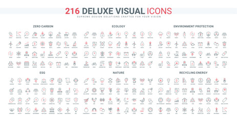 Nature, flora and fauna of Earth, ecology protection line icon set. ESG and recycling, waste sorting, eco mindset and care for environment thin black and red outline symbols vector illustration