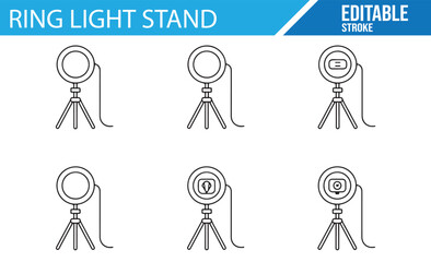 Ring Light Stand Illustration with Camera Tripod Design, Editable Stroke, Perfect for Photography or Videography Projects, Studio Lighting Setup, Digital Art Line Drawing