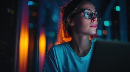 Confident female system administrator in neon-lit tech environment