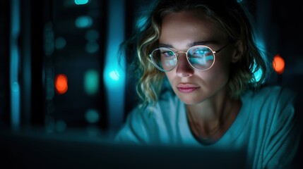 Focused female system administrator in neon-lit tech environment