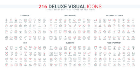 SEO filters and hosting, copyright of author content, calendar and pen for blog posts and blogging line icon set. Web operation and copywriting thin black and red outline symbols vector illustration