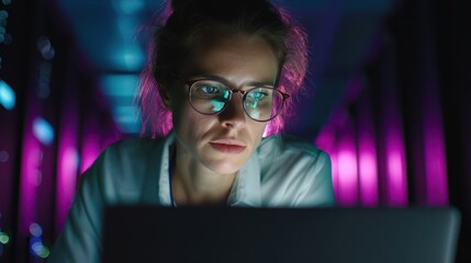 Focused female system administrator in neon-lit data center environment