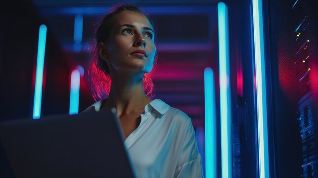 Female system administrator in neon-lit server room
